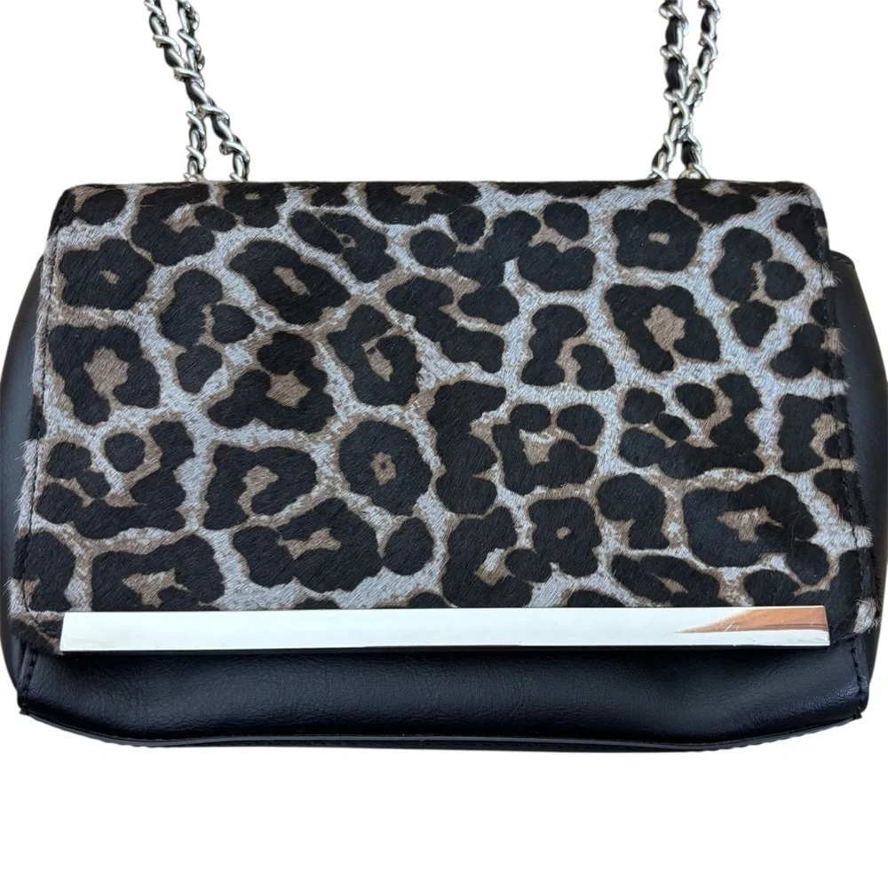 Talbots Calf Hair Leopard Print Adjustable Chain Strap Handbag 100% Leather